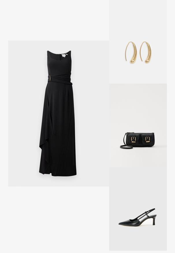 Abito nero senza maniche con top aderente, vita a incrocio con un accento dorato e orlo asimmetrico per una silhouette fluida.; Slingback con tacco in vernice nera con punta affusolata, caratterizzato da una stampa a serpente testurizzata, cinturino regolabile e un tacco corto e testurizzato.; Borsa a tracolla nera in pelle con due tasche frontali, fibbie dorate, chiusura con zip e una tracolla sottile. Superficie texturizzata e forma rettangolare compatta.; Orecchini a cerchio in metallo color oro con forma curva ed allungata. Presentano una superficie liscia e lucida e una punta arrotondata per un tocco di dettaglio in più.