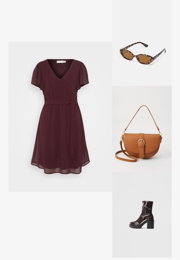 Bordo suknelė, pagaminta iš lengvos medžiagos, su V formos iškirpte, trumpomis pūstomis rankovėmis, aptrauktu liemeniu ir surišta juosta. Švelni A formos siluetas.; Blizgus burgundių spalvos kulknapis su tankiu juodu kulnu, pasižymintis lygiu paviršiumi ir paprastu dizainu. Nėra matomų užsegimų ar raštų.; Kaktašiai akiniai nuo saulės su ovaliais objektyvais, rudi, ploni laikikliai su tekstūruotu raštu, lengvas plastikinis rėmas.; Ruda odinė kryžminė rankinė, turinti kreivą formą, auksinius metalinius elementus ir sagtį. Yra nuimama petneša.