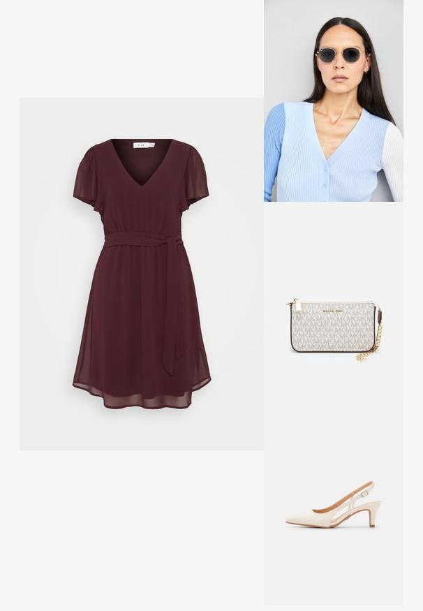 Burgundské šaty z lehké tkaniny, s výstřihem do V, krátkými nabíranými rukávy, úzkým pasem a zavazovacími pásky. Jemná silueta do A.; Bílé lodičky na podpatku s špicatou špičkou, hladkým svrškem, nízkým blokovým podpatkem a designem s bočním výřezem se stahovací sponou.; Kulaté sluneční brýle s tmavými čočkami a zlatými rámy. Modelka má na sobě světle modrý žebrovaný kardigan s knoflíky a kontrastními bílými rukávy.; Kabelka na zápěstí Michael Kors v béžové potažené plátno s opakujícím se vzorem loga MK, zlatými kovovými doplňky a odnímatelným řetízkovým popruhem.