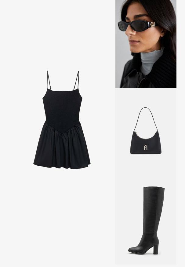 Čierne šaty s elastickým živôtikom a nastaviteľnými ramienkami. Sukňa je nabrúsaná a vytvára rozšírený tvar. Hladká textúra po celom obvode.; Čierne členkové čižmy vyrobené z hladkej kože, s robustným podpätkom a zaoblenou špičkou. Minimalistický dizajn bez viditeľného kovania alebo ozdôb.; Čierne slnečné okuliare s elegantným obdĺžnikovým rámom a zlatým logom na boku. Tmavé šošovky a lesklý povrch sú výrazné.; Čierna ramenná taška vyrobená z hladkého materiálu, s zakriveným tvarom, zlatým zipsom a zlatým embosovaným logom na prednej strane.