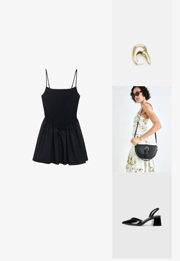 Černé šaty s nařaseným živůtkem a nastavitelnými ramínky. Sukně je nařasená, což vytváří rozšířený tvar. Hladká textura po celém povrchu.; Černé lakované kožené lodičky na pásku s špičatou špičkou a geometrickým blokovým podpatkem. Vyznačují se elegantním, minimalistickým designem a hladkým povrchem.; Černá kožená kabelka s křivkovým tvarem, odnímatelným popruhem a zlatými detaily. Kabelka má klopu s přezkou.; Náušnice ve zlatém tónu z kovu s elegantním zakřiveným designem. Vyznačují se jedinečným špičatým tvarem, lesklým povrchem a závěsem na kloub.