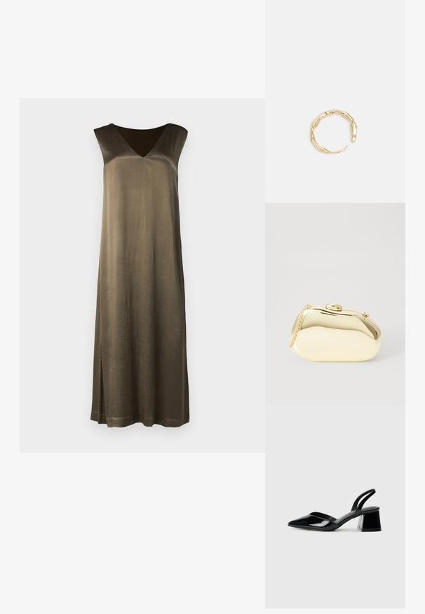 Pikk oliiviroheline õlaculturetu kleit V-kaelusega, siledast tekstuurist ja külgslitsiga. Valmistatud siidilaadsest materjalist. Lihtne, sirge siluett.; Mustad musta lakknahk kingad, millel on terav varvas ja geomeetriline plokkkonts. Omab elegantselt minimalistlikku disaini ja sujuvat tekstuuri.; Kuldne metallist käekott sujuva, ümarate kujude ning ülemise nupuvajutusega kinnitusega. Koti küljes on väike kett, et oleks mugav kanda.; Kuldtoonis sõrmus, millel on orgaaniline, keerdunud disain sileda tekstuuri ja kitsenevate otstega, luues kaasaegse skulptuurilise välimuse.
