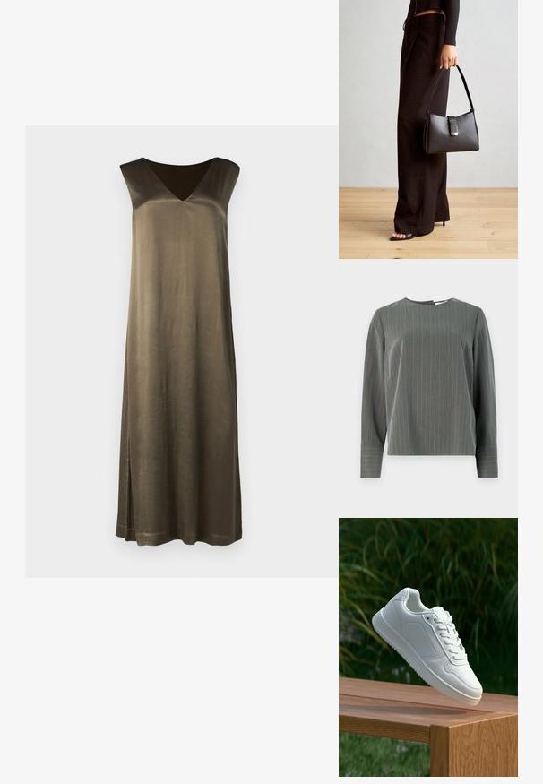 Robe sans manches longue, vert olive, avec un décolleté en V, texture lisse et fente sur le côté. Fabriquée en matériau semblable à de la soie. Silhouette simple et droite.; Haut à manches longues gris rayé avec un col rond et une coupe décontractée. Des rayures verticales en gris clair contrastent avec la texture de tissu plus foncé.; Sneakers blanches avec une tige synthétique lisse, un avant perforé, des lacets plats et une semelle texturée, présentées sur une surface en bois.; Sac à main noir à la forme structurée, texture lisse et fermoir métallique. Associé à un pantalon noir ample et des sandales ouvertes sur un sol en bois.