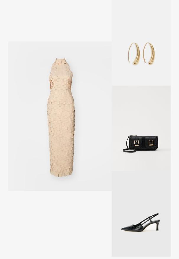Őszibarack színű ruha egyedi textúrájú dizájnnal, rétegzett, téglalap alakú anyagdarabokkal. Ujjatlan, magas nyakú és testhez simuló fazon.; Fekete lakk slingback sarok, hegyes orral, texturált kígyómintával, állítható pánttal és rövid, texturált tömbsarkal.; Fekete bőr keresztbody táska két elülső zsebbel, arany csattokkal, cipzáras záródással és vékony pánttal. Textúrált felület és kompakt téglalap alak.; Aranyszínű fémből készült karika fülbevalók ívelt, hosszúkás formával. Simaságával és fényes felületével, valamint lekerekített végével további részletekkel bővül.