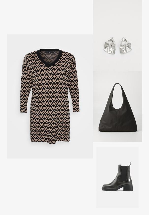 Sukienka dzianinowa z dekoltem w serek, długimi rękawami oraz wzorem w zygzaki w kolorze czarnym i beżowym, o miękkiej fakturze i luźnym kroju.; Czarne skórzane botki za kostkę o gładkim wykończeniu, z elastycznymi bocznymi panelami i masywnym obcasem. Posiadają pętelkę ułatwiającą zakładanie.; Czarna skórzana torba tote z zakrzywionym uchwytem, wydłużonym trójkątnym kształtem i gładką fakturą. Charakteryzuje się minimalistycznym wzornictwem bez widocznych elementów metalowych.; Srebrne metalowe kolczyki o falistym, rzeźbiarskim wzorze z polerowanym wykończeniem i nieregularnymi kształtami, podkreślające nowoczesny estetykę.