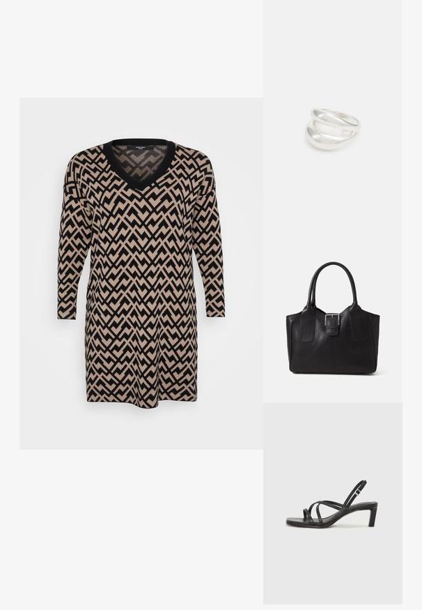 neulemekko, jossa on V-pääntie, pitkät hihat ja musta-beigeviivasto, pehmeä rakenne ja rento malli.; Mustat hihnalligat, joissa on neliön muotoinen kärki ja matala lohkokorko. Ominaisuuksiin kuuluu useita ohuita hihnoja ja säädettävä nilkkahihna. Valmistettu sileästä nahasta.; Musta nahkainen olkalaukku, jossa on sileä pinta, ryhdikäs muoto, kaksi kahvaa ja silmienpistävä hopeinen solkiyksityiskohta edessä.; Hopeinen kaksinkertainen rengas, jossa on sileä, kiillotettu pinta. Siinä on sulava, kaareva muotoilu, jossa on päällekkäisiä osia modernin ilmeen saavuttamiseksi.