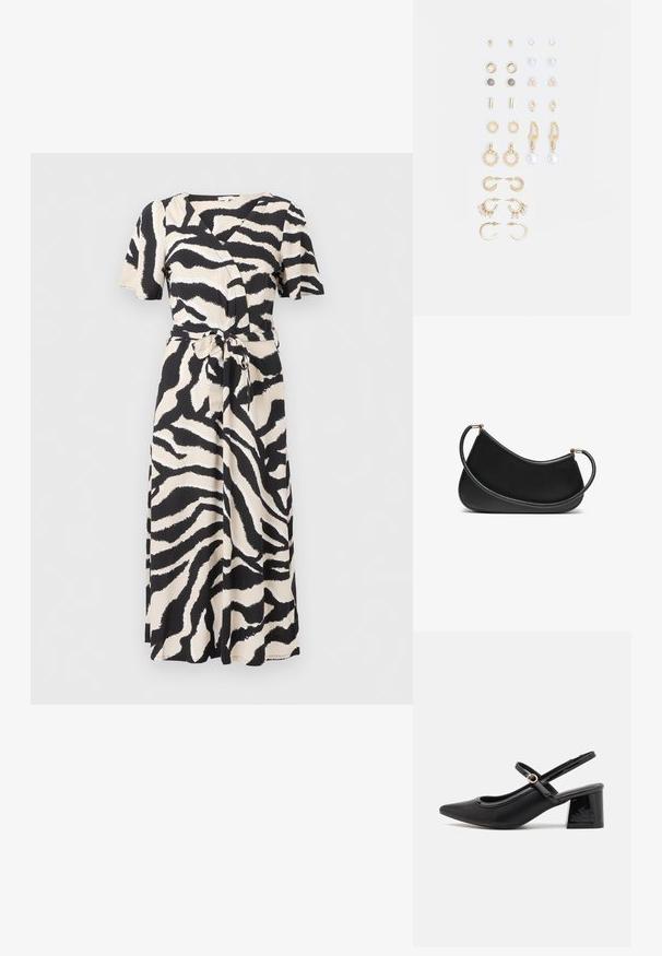 Melna un bēša drapēta kleita ar īsām piedurknēm, saišu jostu un zebrveida rakstu vieglā audumā.; Melns patentēts ādas sandales ar norādīta pirksta formu, noapaļotu izgriezuma dizainu un bloķētu papēdi. Iezīmēta ar zelta toņa sprādzi.; Melnas ādas plecu soma ar izliekumu, aprīkota ar teksturētu siksnu un zelta tonētiem aksesuāriem augšējā aizdara daļā. Gluda apdare.; Zeltainā tonī auskari, kas iekļauj dažādus dizainus, tostarp pīrsingu, gredzenus un karājošus elementus ar pērlēm un rhinestones.