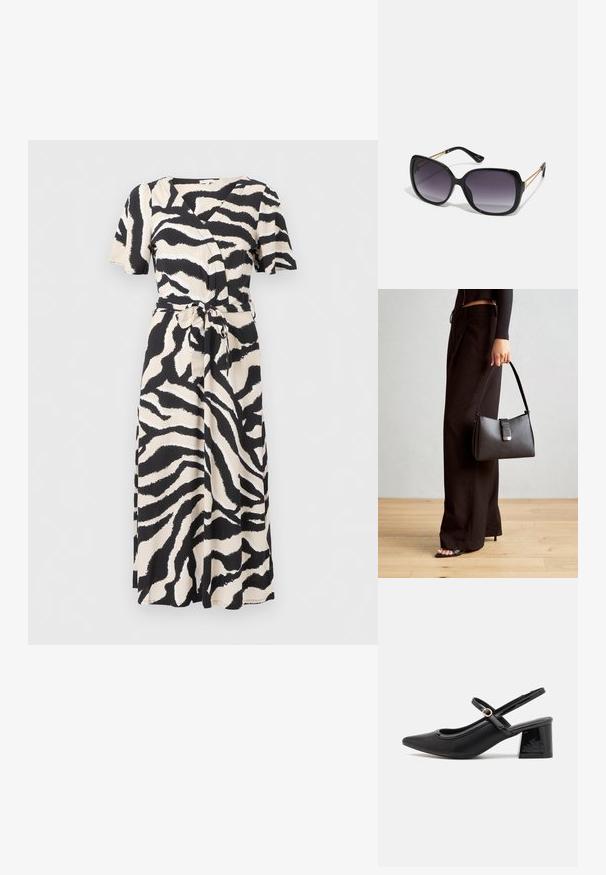 Rochie încrețită neagră și bej, cu mâneci scurte, curea legată și un model în dungi de zebră, confecționată dintr-un material ușor.; Cizme cu toc slingback din piele sintetică lacuită neagră, cu vârful ascuțit, un design cu decupaj rotunjit și toc bloc. Include un accent cu cataramă de culoare aurie.; Ochelari de soare negri, supradimensionați, cu lentile degradate, rame groase și detalii cu lanț de ton auriu pe brațele templului.; Genți negre cu o formă structurată, textură netedă și un închizător metalic. Asortată cu pantaloni negri largi și sandale cu vârf deschis pe un podea din lemn.