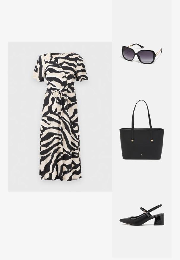 Čierne a béžové obliekanie s krátkymi rukávmi, zaväzovacím pásom a vzorom zebry, vyrobené z ľahkej tkaniny.; Čierne lakované kožené lodičky so slingback dizajnom, špicatou špičkou, zaobleným výrezom a blokovým podpätkom. Obsahuje akcent zlatého tónu s prackou.; Čierne oversized slnečné okuliare s gradientovými sklíčkami, hrubými rámami a zlatým retiazkovým detailom na stranách.; Čierna taška na rameno vyrobená z syntetického materiálu, s jednoduchým obdĺžnikovým dizajnom, zlatými štvorcovými akcentami a dvojitými uchami.