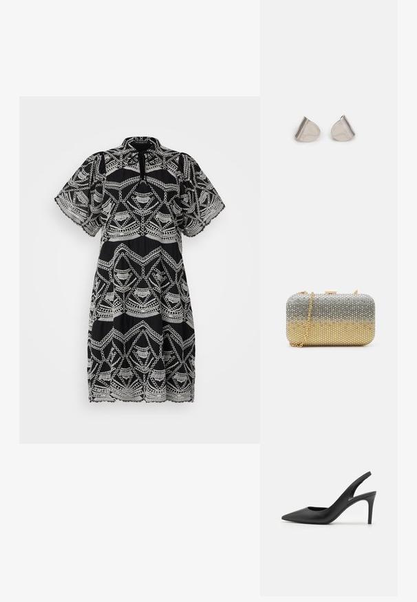 Juoda suknelė su baltais geometriniais raštais, trumpomis papsnijančiomis rankovėmis, mandarinų apykakle ir kelių ilgio hemu su nėriniu akcentais.; Juodos odinės šlepetės su aukštu kulnu ir ilgu smailiu nosiu, turinčios išpjovą priekyje ir ploną stiletą.; Mascara Delninukė - gold-coloured/silver-coloured; Sidabriniai metaliniai auskarai su lygiu, ašaros formos dizainu ir blizgiu paviršiumi. Subtilūs raižiniai prideda detalumo. Minimalistinis dizainas.