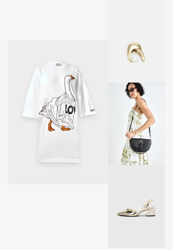 T-shirt blanc oversize ornée d'une illustration d'oie portant un maillot blanc avec "LO" imprimé. Manches courtes et texture en coton doux.; Talons aiguilles dorés métalliques avec un bout pointu et un talon épais. Texture lisse, design minimaliste et une fine bride.; Sac à main en cuir noir avec une forme courbée, bandoulière amovible et des accessoires en or. Le sac est doté d'un rabat avec un détail de boucle.; Boucle d'oreille en métal doré avec un design élégant et courbé. Présente une forme conique distinctive, une surface polie et une fermeture à charnière.