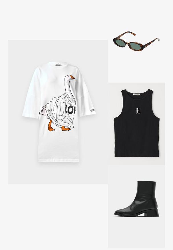 Valkoinen ylisuuri t-paita, jossa on kuvattu hanhi valkoisessa pelipaidassa, jossa lukee "LO". Lyhyet hihat ja pehmeä puuvillakangas.; Musta ribbed-t-paita, jossa on pyöreä kaula-auko ja valkoisella brodeerattu logo. Kangas on sileä ja muoto on tiivis.; Mustan nilkkuri kiiltävästä nahasta, jossa on tyylikäs muotoilu, terävä kärki ja kohtalaisen tukevat korkeat korot vakautta varten.; Kilpikonnakuosisuntit, joissa on soikeat kehykset ja vihreät linssit. Ominaisuuksiin kuuluu ohuet varret, joissa on metallinen korostus saranan lähellä.