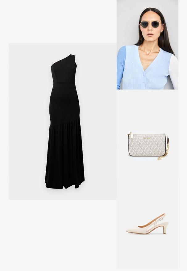 Melna kleita ar vienu plecu, izgatavota no gludas auduma. Pieguļošais augšdaļa pāriet plūstošā, savilktā svārkā. Minimālistisks dizains ar elegantu siluetu.; Baltas siksniņveida papēdis ar smailu purngalu, gludu augšējo materiālu, zemu blokpapēdi un sānu izgriezumu dizainu ar regulējamu sprādzi.; Apaļas saulesbrilles ar tumšiem objektīviem un zeltītām rāmēm. Modelis valkā gaiši zilu, ribotu kardigānu ar pogām un kontrastējošām baltām piedurknēm.; Michaela Korsa rokassomi bez̦ā īšojuma, kas izgatavota no apklāta kanvas, iekļaujot atkārtotu MK logotipa rakstu, zelta aparatūru un noņemamu ķēdes siksnu.