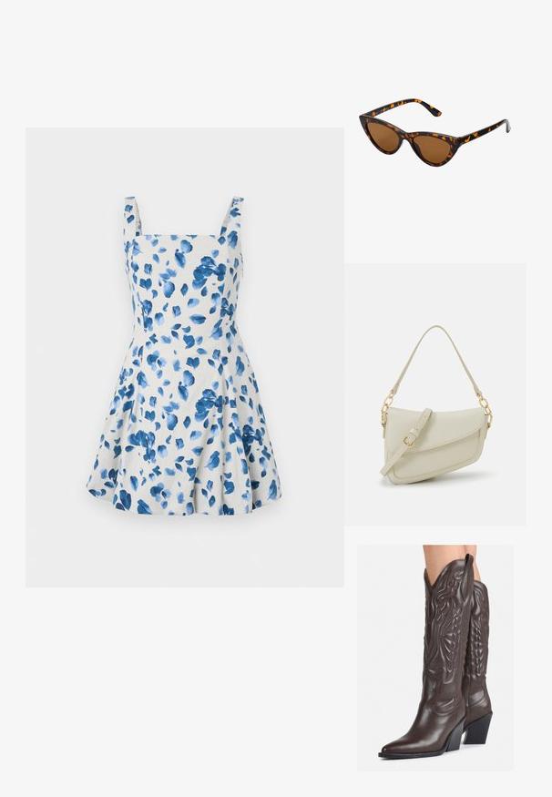 Blomsterkjole i lyse beige stof med blå akvarelblade. Har firkantet udskæring og brede skulderstropper, design med flagrende nederdel.; Brune læder cowboystøvler med spids tå og blokhæle, med detaljeret syning og forhøjede accenter på skaftet.; Kat-ejede solbriller med en sort og orange skildpaddemønstret stel, brune linser og slanke, spidse ender. Har et minimalistisk logo på skabelsen.; Lille cremehåndtaske med tekstureret overflade, en lang justerbar rem, en kædeaccent og flaplukning. Detaljer i guldhardware.