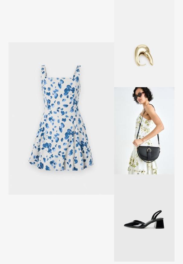 Květinové šaty z světle béžového materiálu s modrými akvarelovými listy. Mají čtvercový výstřih a široká ramínka, skládají se z rozšířené sukně.; Černé lakované kožené lodičky na pásku s špičatou špičkou a geometrickým blokovým podpatkem. Vyznačují se elegantním, minimalistickým designem a hladkým povrchem.; Černá kožená kabelka s křivkovým tvarem, odnímatelným popruhem a zlatými detaily. Kabelka má klopu s přezkou.; Náušnice ve zlatém tónu z kovu s elegantním zakřiveným designem. Vyznačují se jedinečným špičatým tvarem, lesklým povrchem a závěsem na kloub.