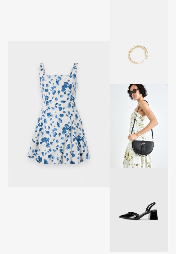 Kvetinové šaty z svetlého béžového materiálu s modrými akvarelovými listami. Obsahujú štvorcový výstrih a široké ramienka, dizajn rozšírenej sukne.; Čierne lakované kožené sandálové podpätky s špicatou špičkou a geometrickým blokovým podpätkom. Disponujú elegantným, minimalistickým dizajnom a hladkým povrchom.; Čierna kožená kabelka s zaobleným tvarom, odnímateľným popruhom a zlatými doplnkami. Kabelka má klopu s detailom s prackou.; Prsteň v zlatej farbe s organickým, skrúteným dizajnom, hladkým povrchom a zužujúcimi sa koncami, vytvárajúci moderný, sochársky vzhľad.