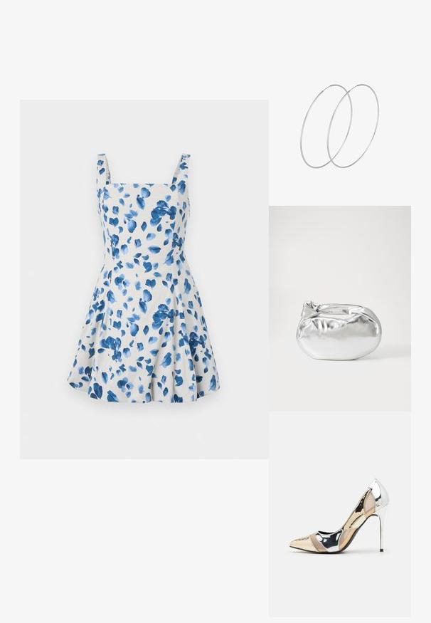 Blumenkleid aus einem hellbeigen Stoff mit blauen Aquarellblättern. Es hat einen quadratischen Ausschnitt und breite Träger sowie ein ausgestelltes Rockdesign.; Spitz zulaufender High-Heel-Schuh in einer Farbgestaltung aus Silber, Gold und Nude. Glänzende Oberfläche mit Ausschnittdesign und stiletto Absatz.; Silberne metallic Pouch-Tasche mit einer sanften, abgerundeten Form und einem geknoteten Verschluss oben. Hergestellt aus glattem Kunstleder.; Silberne Creolen mit minimalistischem Design. Rundform, glatte Oberfläche und dünnes Profil. Leichtgewichtig mit hochglänzender Oberfläche.