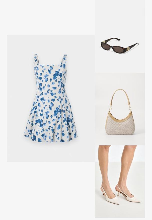 Robe florale en tissu beige clair avec des feuilles aquarelle bleues. Présente un décolleté carré et de larges bretelles, design de jupe évasée.; Escarpins à talon slingback en cuir verni beige avec un bout pointu et un talon de 5 cm, présentant des côtés découpés et une fine bride à la cheville.; Lunettes de soleil en écaille, avec des verres ovales allongés, teinte marron, accents de logo doré sur les branches et montures noires élégantes.; Sac à main en beige à motif, avec une forme incurvée, des accents en cuir et un logo en ton doré sur le devant. Il dispose d'une poignée courte pour un transport facile.
