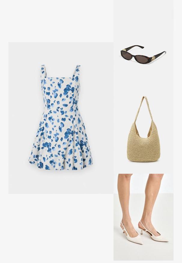 Cvečni plašč v svetlo bež tkanini z modrimi akvarelnimi listi. Ima kvadratno dekolte in široke naramnice, zasnovo razrahljane krila.; Bež lakirane usnjene čevlje na peto s koničastim nosom in 5 cm visokim peto, ki imata izrezane stranice in tanko zanko okoli gležnja.; Kornjačaste sunčane naočale s izduženim ovalnim lećama, smeškim tonovima, zlatnim logotipom na drškama i elegantnim crnim rukohvatima.; Tkanina iz slame v svetlo bež barvi, z ukrivljenim naramnikom in prostornim, odprtim vrhom ter texturirano površino.; Ogrlica iz biserov in kristalov z okroglo, perlasto zasnovo v svetlih odtenkih, ki vsebuje izmenično razporejene bisere in bleščeče detajle, nosi se okoli vratu.