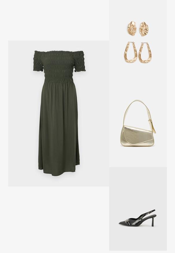 Rochie off-the-shoulder de culoare verde măsliniu închis, cu corset plișat, mâneci scurte și o fustă fluidă de lungime până la gleznă. Material moale și ușor.; Pantofii slingback din piele lăcuită neagră, cu vârf ascuțit, bretele pentru gleznă cu catarame și accesorii din argint, și un toc subțire.; Geantă de umăr metalică aurie cu un design structurat, textură netedă și curea reglabilă. Prezintă o formă triangulară unică și cusături minimaliste.; Cercei aurii cu forme texturate și ondulate. Include studs sculpturale cu clip și un design de cerc deschis cu un finisaj cioplit.