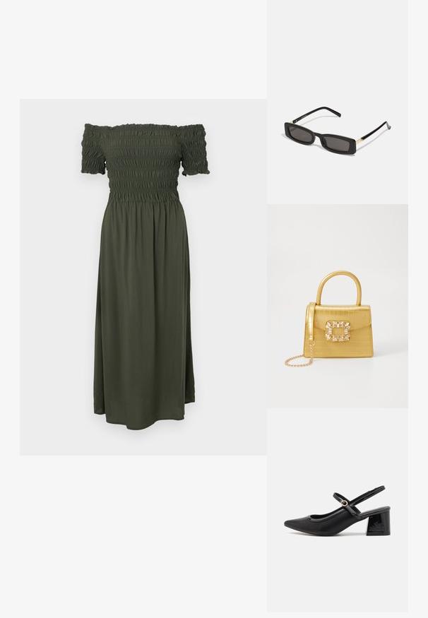 Rochie off-the-shoulder de culoare verde măsliniu închis, cu corset plișat, mâneci scurte și o fustă fluidă de lungime până la gleznă. Material moale și ușor.; Cizme cu toc slingback din piele sintetică lacuită neagră, cu vârful ascuțit, un design cu decupaj rotunjit și toc bloc. Include un accent cu cataramă de culoare aurie.; Ochelari de soare rectangulari negri cu lentile întunecate, rame din plastic lucios și accente aurii pe tample. Design minimalist și formă elegantă.; Geantă galbenă din faux-crocodil cu un design structurat, mână superioară, curea detașabilă cu lanț și embellisment decorativ cu cristale pe închidere.