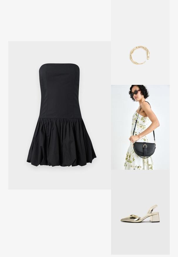 Čierne bezramienkové šaty s upnutou korzetovou časťou a rozšírenou volánovou sukňou. Vyrobené z hladkého materiálu; majú čistý, minimalistický dizajn.; Zlaté kovové lodičky na podpätku so špicatou špičkou a robustným podpätkom. Hladký povrch, minimalistický dizajn a úzka remienok.; Čierna kožená kabelka s zaobleným tvarom, odnímateľným popruhom a zlatými doplnkami. Kabelka má klopu s detailom s prackou.; Prsteň v zlatej farbe s organickým, skrúteným dizajnom, hladkým povrchom a zužujúcimi sa koncami, vytvárajúci moderný, sochársky vzhľad.