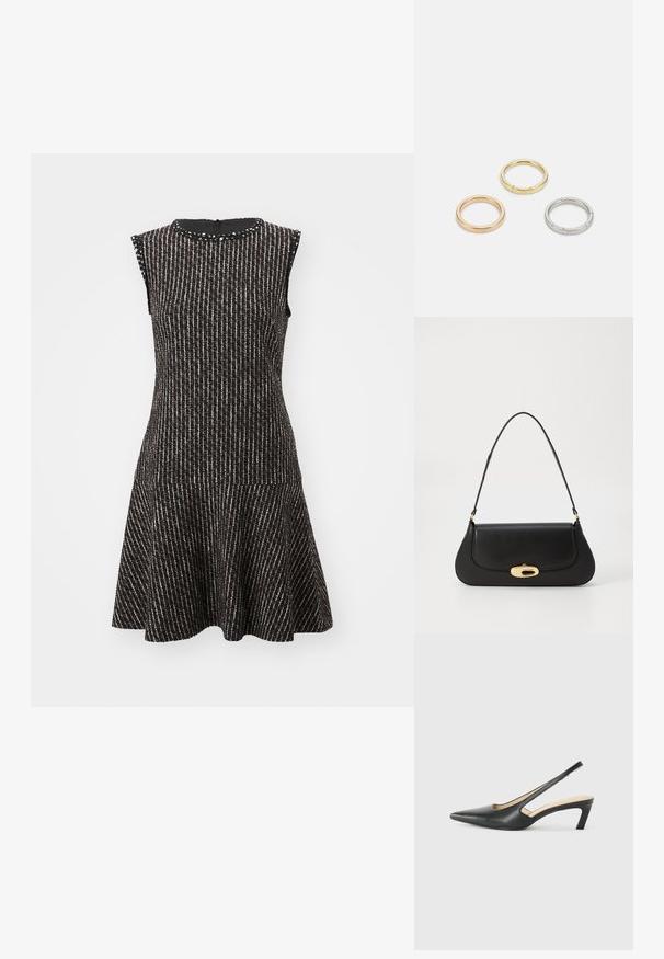 Μαύρο αμάνικο φόρεμα με φουσκωτό σόρτσα, που διαθέτει κάθετες ρίγες σε ασημί και ροζ. Υφή υφάσματος με διακριτική λάμψη.; Μαύρο παπούτσι slingback με αιχμηρή μύτη και χαμηλό τακούνι, κατασκευασμένο από λείο δέρμα με σχέδιο κοπής στη πλευρά για αερισμό.; Μαύρη δερμάτινη τσάντα με καμπυλωτό σχέδιο, χρυσές λεπτομέρειες και επάνω χερούλι. Διαθέτει κομψό κλείσιμο και ομαλή υφή.; Τρία μεταλλικά δαχτυλίδια: ένα ροζ χρυσό, ένα χρυσό με υφές και ένα ασημένιο, όλα με εγχαραγμένο λογότυπο στην εσωτερική πλευρά.