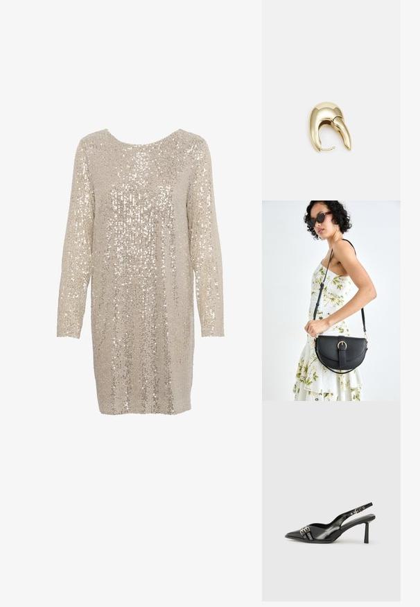 Sukňa s flitrami v svetlej béžovej farbe, s dlhými rukávmi a okrúhlym výstrihom, ktorá má po celom povrchu textúrovaný vzor lesklých, reflexných flitrov.; Čierne lakované kožené slingback topánky s špicatou špičkou, remienkami okolo členku s striebornými prackami a hardvérom, a štíhlým podpätkom.; Čierna kožená kabelka s zaobleným tvarom, odnímateľným popruhom a zlatými doplnkami. Kabelka má klopu s detailom s prackou.; Náušnice z kovu v zlatej farbe s elegantným, zakriveným dizajnom. Majú charakteristický špicatý tvar, leštený povrch a uzáver na pánt.