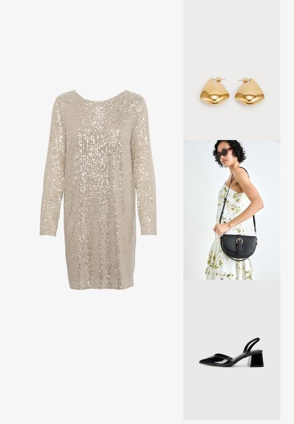 Rochie cu paiete de culoare bej deschis, cu mâneci lungi și guler rotund, având un model texturat de paiete strălucitoare și reflectorizante pe întreaga suprafață.; Pantofi cu toc slingback din piele lacuită neagră, cu vârf ascuțit și toc geometric. Prezintă un design elegant, minimalist și o textură netedă.; Geantă din piele neagră, cu o formă curbată, curea detașabilă și accesorii aurii. Geanta are un capac cu un detaliu tip cataramă.; Cercei din metal de culoare aurie, cu o formă triangulară rotunjită și un design cu prindere pe spate; suprafață reflectorizantă cu detalii minime.