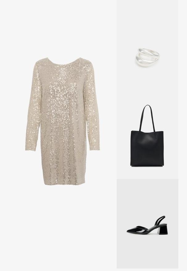 Svetle bež obleke s paillettes in dolgimi rokavi ter okroglo izrezom, ki vsebuje teksturiran vzorec svetlečih, odsevnih paillettes po celotni površini.; Črne lakirane slingback pete s koničastim nosom in geometrijsko blokasto peto. Imajo eleganten, minimalističen dizajn in gladko teksturo.; Črna usnjena torba s svilnato teksturo, pravokotne oblike in dvema dolgima ročajema. Brez vidnih metalnih delov ali okrasnih elementov.; Srebrn dvojni prstan z gladko, polirano površino. Ima tekoč, ukrivljen dizajn z prekrivajočimi se sekcijami za sodoben videz.