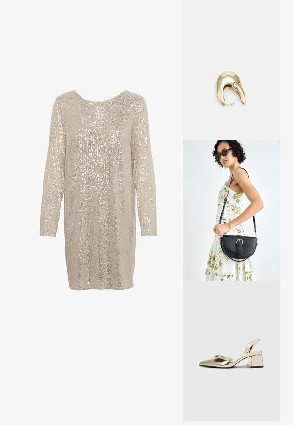 Gaiši bēšs mirdzošs kleita ar garām piedurknēm un apaļu dekoltē, kurai visā virsmā ir strukturēts mirdzošu, atstarojošu sekvīnu raksts.; Zeltaini, metāla kurpes ar siksniņām, norakans purngalis un masīla papēdis. Gluda tekstūra, minimālisma dizains un šaura siksna.; Melnas ādas rokassoma ar izliekta formu, noņemamu siksnu un zelta aksesuāriem. Somai ir vāciņš ar sprādzes detaļu.; Zeltīti metāla auskari ar gludu, izliekta dizaina. Ar atšķirīgu smailu formu, pulētu virsmu un eņģu aizdari.