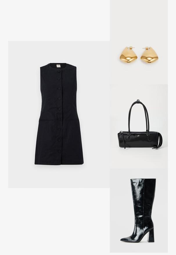 Rochie neagră fără mâneci, confecționată dintr-un material texturat, cu decolteu rotund, butoni frontali și două buzunare laterale.; Botine negre până la genunchi, realizate din piele lucioasă, cu vârf ascuțit și toc geometric robust cu o textură netedă.; Geantă de umăr din piele neagră cu o formă rectangulară, textură netedă, două mânere, închidere cu fermoar și un mic logo pe față.; Cercei din metal de culoare aurie, cu o formă triangulară rotunjită și un design cu prindere pe spate; suprafață reflectorizantă cu detalii minime.