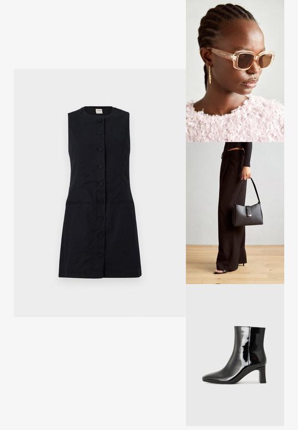 Robe noire sans manches en tissu texturé, présentant un col rond, des boutons à l'avant et deux poches latérales.; Bottines en cuir verni noir avec un bout pointu et un talon block de hauteur moyenne. Texture lisse et design minimaliste.; Lunettes de soleil surdimensionnées beiges avec une monture transparente et des verres teintés marron, arborant des accents floraux subtils et un design géométrique audacieux.; Sac à main noir à la forme structurée, texture lisse et fermoir métallique. Associé à un pantalon noir ample et des sandales ouvertes sur un sol en bois.