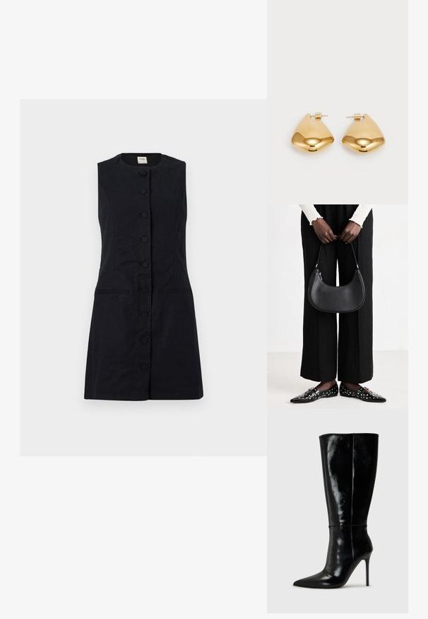 Ärmelloses schwarzes Kleid aus einem strukturierten Stoff, mit runder Halspartie, vorderen Knöpfen und zwei Seitentaschen.; Schwarze Leder-Knielange Stiefel mit spitzem Schuh und hohem Stiletto-Absatz. Glatte Textur und elegantes Design, das sich durch minimale Details auszeichnet.; Schwarze Leder-Schultertasche mit runder Form, glänzender Oberfläche und silbernem Beschlag. Person trägt schwarze weit geschnittene Hosen und Nieten-Loafers.; Goldfarbene Metallohrringe in einer glatten, abgerundeten dreieckigen Form mit Steckverschluss; reflektierende Oberfläche mit minimaler Detailarbeit.