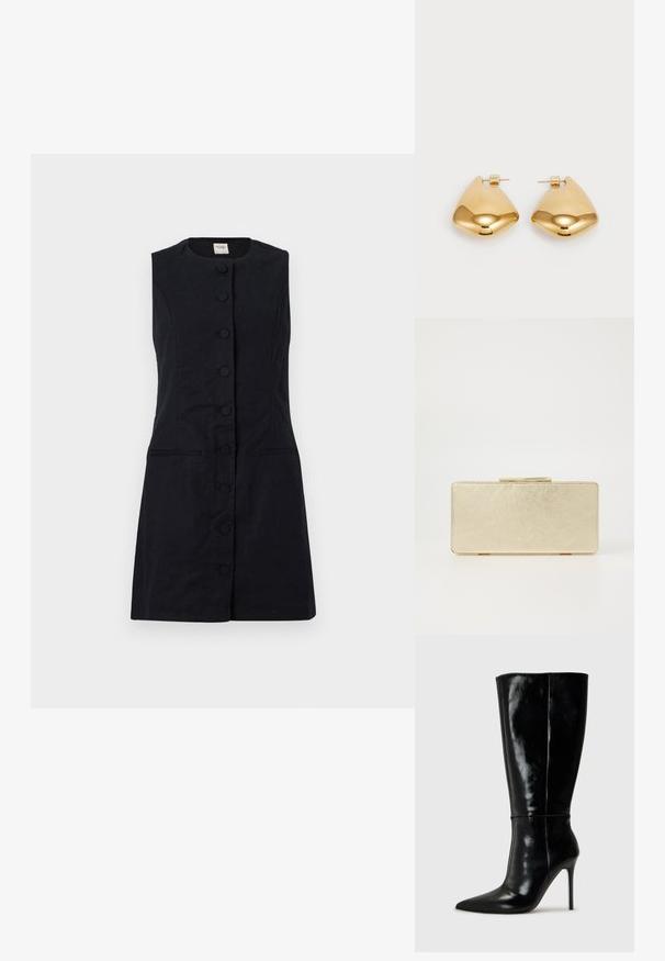Sleeveless black dress made of a textured fabric, featuring a round neckline, front buttons, and two side pockets.; Black leather knee-high boots with a pointed toe and high stiletto heel. Smooth texture and sleek design, featuring minimal detailing.; Gold clutch purse with a smooth metallic finish, rectangular shape, and a simple clasp closure. No visible patterns or decorations.; Gold-tone metal earrings with a smooth, rounded triangular shape and post-back design; reflective surface with minimal detailing.