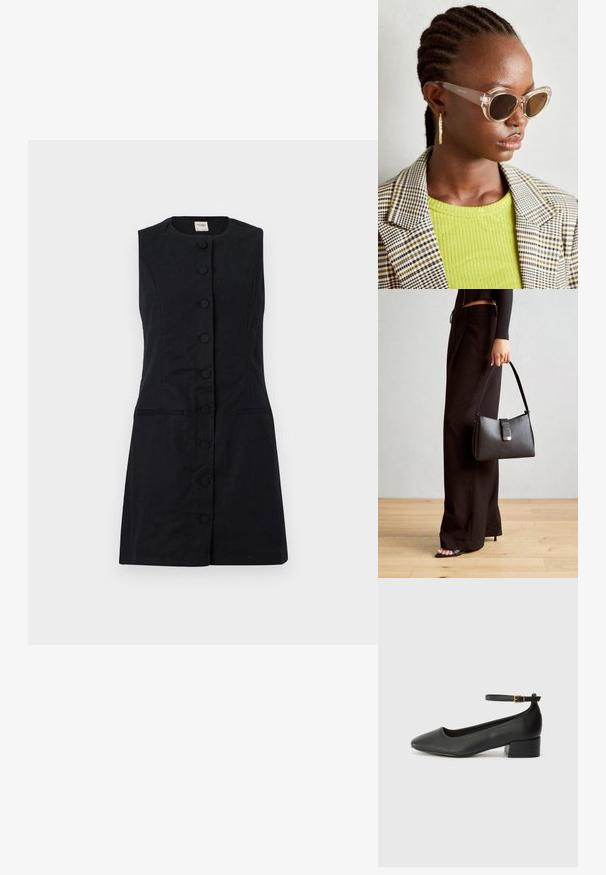 Haljina bez rukava crne boje, izrađena od teksturiranog materijala, s okruglim dekolteom, prednjim dugmadi i dva bočna džepa.; Crne kožne pumpe s oštrim vrhom i niskom blok petom. Sadrže remen oko gležnja s zlatnim kopčanjem. Glatka tekstura.; Prozirne mačkaste sunčane naočale s smešnim lećama i transparentnim okvirom. Manekenka nosi zeleni rebrasti top i karirani blejzer. Zlate kružne naušnice.; Crna torba s oblikom koji sadrži strukturu, glađu teksturu i metalnu kopču. Uparena s širokim crnim hlačama i sandalama na otvorenom s drvenog poda.