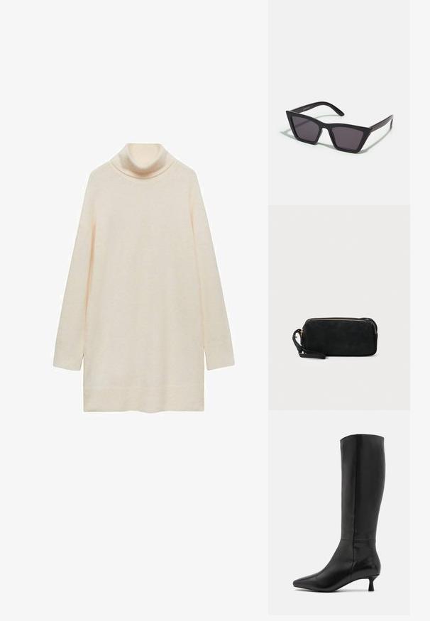Pulover cu guler înalt, mâneci lungi, textură moale, croi ușor larg, tiv curbat, fără modele sau accente. Țesătura pare ușoară.; Zign Cizme - black; Ochelari de soare negri, unghiulari, cu lentile gri; fabricați din plastic, având brațe groase cu o suprafață netedă și fără hardware vizibil.; Geantă de mână din suede negru, cu închidere cu fermoar și bretea detașabilă pentru încheietura mâinii. Dispune de accesorii din metal aurit și o textură netedă, mată.