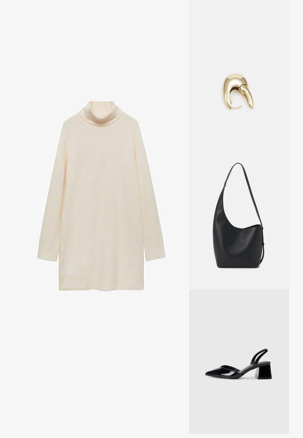 Kremasta turtleneck pulover, dolgi rokavi, mehak material, nekoliko ohlapen kroj, ukrivljen rob, brez vzorcev ali okraskov. Zdi se, da je tkanina lahka.; Črne lakirane slingback pete s koničastim nosom in geometrijsko blokasto peto. Imajo eleganten, minimalističen dizajn in gladko teksturo.; Črna usnjena hobo torba z gladko teksturo, ukrivljeno obliko in eno nastavljivo naramnico; ima širok odprtina na vrhu.; Uhane nakit iz zlatastega tona z gladko, ukrivljeno zasnovo. Ima edinstveno koničasto obliko, polirano površino in zaponko s tečajem.