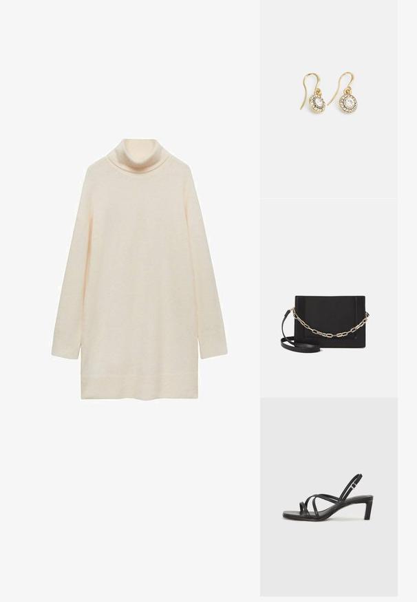 Maglione a collo alto color crema, maniche lunghe, texture morbida, vestibilità leggermente ampia, orlo curvo, senza motivi o dettagli. Il tessuto appare leggero.; Sandalo nero con cinturini, dalla punta squadrata e tacco basso a blocco. Presenta diversi cinturini sottili e una cinturini regolabile alla caviglia. Realizzato in pelle liscia.; Borsa a tracolla nera in pelle con una texture liscia, forma rettangolare e dettaglio in catena metallica sul davanti. Inclusa una tracolla regolabile.; Orecchini color oro con cristalli trasparenti di forma ovale circondati da pietre più piccole e trasparenti, dotati di un design a gancio per una vestibilità sicura.