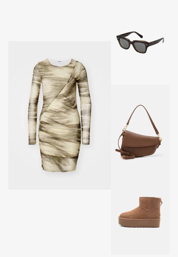 Langermet kjole laget av teksturert stoff, med et beige og grønt abstrakt mønster, og en tettsittende silhuett med asymmetrisk design.; Lys brun semsket ankelstøvel med platåsåle, rund tå og sømdetaljer; har en pull-tab bak for enkel påkledning.; Rektangulære solbriller med skjellmønstret plastinnfatning, mørke linser og sølvfargede detaljer på sidene. Laget i Italia.; Brun skinnskulderveske med teksturfinish, buet form, gulltone-detaljer, justerbar stropp og klaffelukking.