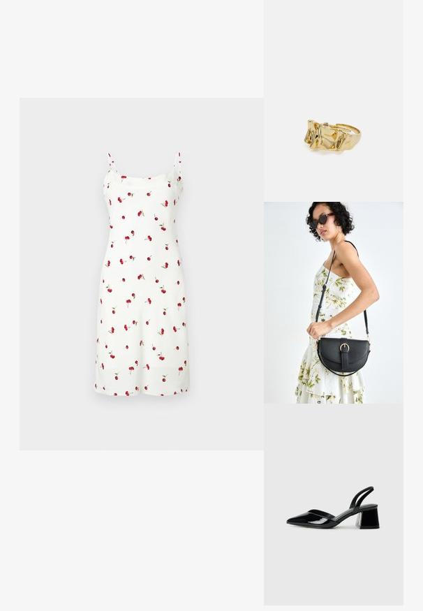 Balta kleita ar ķiršu apdruku, ar plānām siksnām un līdz ceļgaliem garumu. Izgatavota no mīksta, gluda auduma. Vienkāršs dizains un raksts.; Melna lakota āda ar atvērto papēdi, ar smailu purngalu un ģeometrisku blokpapēdi. Iezīmējas elegants, minimāls dizains un gluda tekstūra.; Melnas ādas rokassoma ar izliekta formu, noņemamu siksnu un zelta aksesuāriem. Somai ir vāciņš ar sprādzes detaļu.; Zelta gredzens ar teksturētu, viļņotu dizainu, kas rotāts ar trim izteiktām virsotnēm. Gluda, spīdīga virsma ar atvērtu joslu, lai to varētu pielāgot.