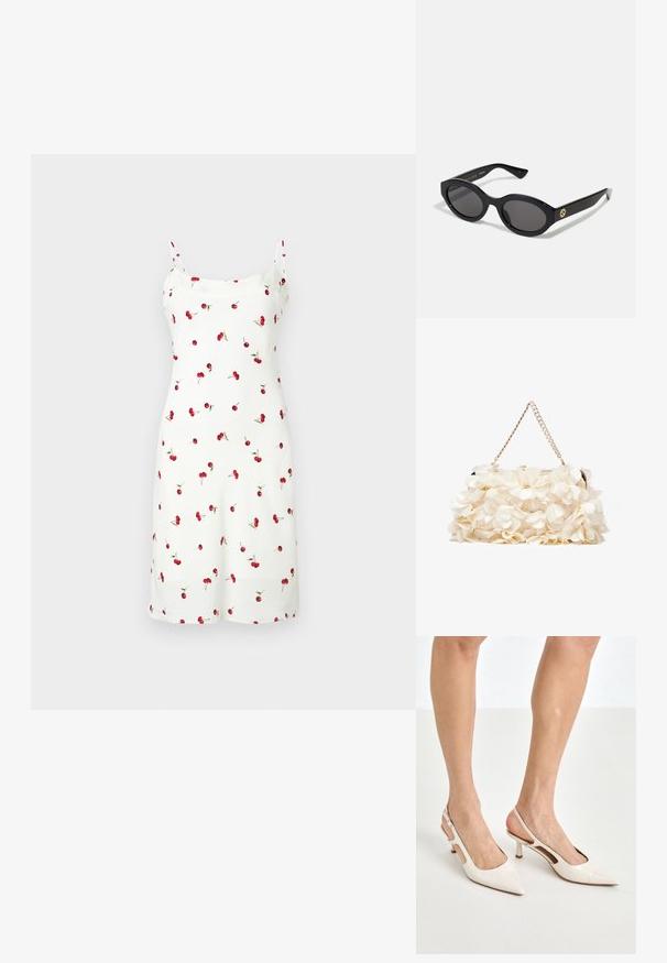 Vestido blanco con estampado de cerezas, con tirantes finos y corte a la altura de la rodilla. Confeccionado en una tela suave y lisa. Diseño y patrón sencillos.; Tacones slingback de charol beige con punta afilada y un tacón de 5 cm, con lados recortados y una delgada correa en el tobillo.; Gafas de sol negras en forma ovalada con lentes oscuros y montura de plástico brillante. Presenta un logo dorado en la patilla, ofreciendo un diseño elegante y moderno.; Bolso floral blanco con superficie de tela fruncida, correa de cadena en tono dorado y cierre de metal. Presenta pétalos texturizados para un detalle adicional.