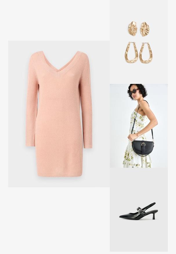 Vestido de suéter de manga longa em rosa claro, com decote em V profundo, textura canelada e design solto, feito de material de malha macia.; Saltos slingback em verniz preto com bico pontiagudo e um pequeno salto bloco, apresentando um detalhe de fivela prateada na tira.; Bolsa de couro preta com forma curva, alça destacável e detalhes em dourado. A bolsa possui uma aba com detalhe de fivela.; Brincos em tom de ouro com formas onduladas e texturizadas. Inclui studs escultóricos com presilha e um design de argola aberta com um acabamento martelado.