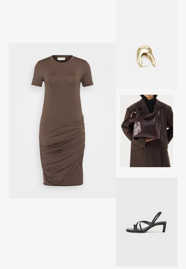 Brun innelagt kjole laget av myk, elastisk stoff. Har rund halsutringning, korte ermer og samlet detaljering på den ene siden.; Sorte sandaler med stropper, firkantet tå og lav blokk hæl. Har flere tynne stropper og en justerbar ankelstropp. Laget av glatt lær.; Person i mørkebrun frakk som holder en blank mørk burgunder lærveske med justerbar skulderreim mot en lys bakgrunn.; Gullfarget metalløredobber med et elegant, buet design. Har en karakteristisk spiss form, polert overflate og hengsel-lukking.