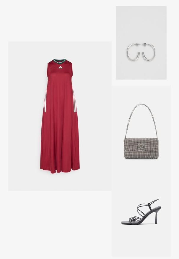 Czerwona sukienka bez rękawów z okrągłym dekoltem, z bocznymi białymi paskami i logo Adidas na klatce piersiowej. Miękka tkanina, do ziemi.; Czarne sandały na wysokim obcasie mają cienkie paski z węzłowym wzorem, gładki, kwadratowy czubek i smukły obcas w stylu szpilki.; Jasnoszara metaliczna torebka na łańcuszku, ozdobiona małymi okrągłymi metalowymi ćwiekami oraz trójkątnym logo marki.; Srebrne kolczyki na biglu o gładkim, błyszczącym wykończeniu. O zaokrąglonym kształcie, lekkim designie, z zamknięciem na zatrzask.