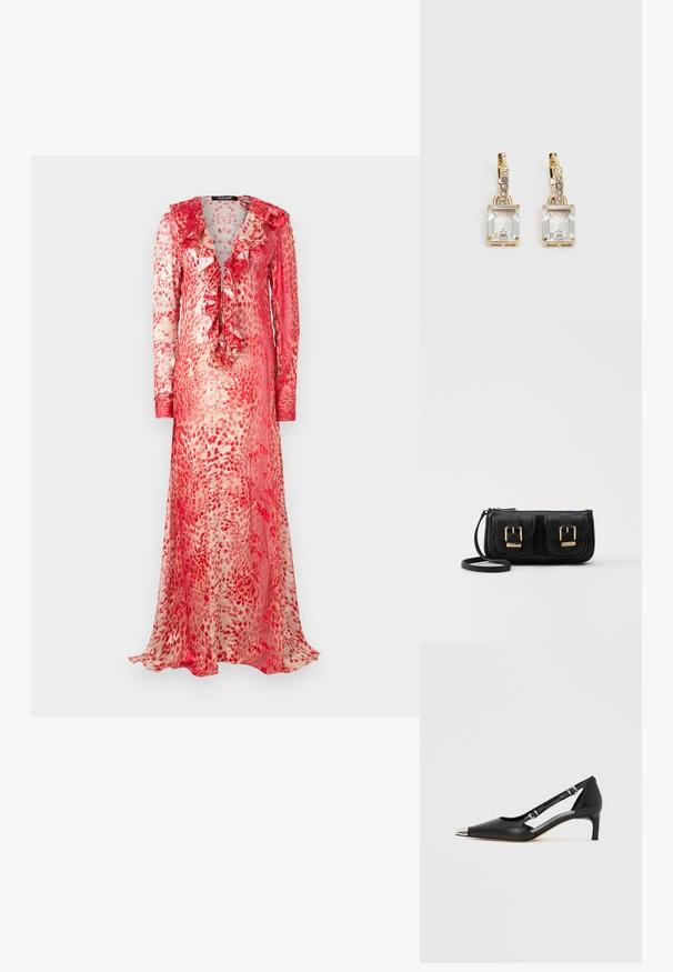 Ilga, permatoma suknelė su raukiniais apykakle raudonos ir grietinėlės spalvų abstrakčiu raštu. Turi ilgas rankoves ir surišimo detalę priekyje.; Juodos odos bateliai su žemu kulniuku, smailiu sidabro spalvos pirštinės gaubtu ir dvigubais dirželiais, ant balto fono.; Juodas odinis per petį nešiojamas krepšys su dviem priekiniais kišenėmis, auksiniais sagtimis, užtrauktuko uždarymu ir siauromis petnešomis. Textūruota paviršius ir kompaktiškas stačiakampis formatas.; Auksinės spalvos auskarai, kuriuose yra stačiakampis, skaidrus kristalas, kabantis po eile mažų, apvalių skaidrių akcentų. Šiuolaikiškas, modernus dizainas.