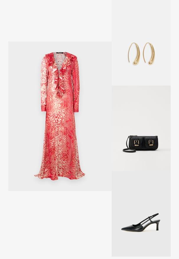 Dolga, prosojna obleka z nabranim izrezom v rdečem in kremnem abstraktnem vzorcu. Ima dolge rokave in detajl s trakom spredaj.; Črne lakaste slingback pete s koničastim nosom, ki imajo teksturiran vzorec kačje kože, nastavljiv trak in kratek teksturiran blok peto.; Črna usnjena torbica čez ramo z dvema sprednjima žepoma, zlatimi zaponkami, zadrgo in ozkim pasom. Tekstura površine je strukturirana, obliko pa ima kompaktno pravokotno.; Zlato-tonirani kovinski uhani v obliki obroča s krivuljo in podolgovato obliko. Imajo gladko, sijočo površino in zaobljen vrh za dodaten detajl.