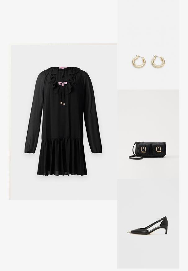 Mustaline kleit pikkade varrukatega, ruffle-dega kaeluses, nööridetailiga ja laieneva alläärega. Valmistatud kerge kangast, millel on pehme tekstuur.; Mustast nahast kassikontsaga king, millel on terava kujuga hõbedane nina ja topeltsõlmedega rihmad, valgel taustal.; Must küllastamata nahast õlakott, millel on kaks esist nähtavat taskut, kuldsed pandlad, tõmblukuga sulgemine ja peen rihm. Tekstuuriga pind ja kompaktne ristkülikukujuline kuju.; Lauren Ralph Lauren BASIC SMALL HOOP - Kõrvarõngad - gold-coloured