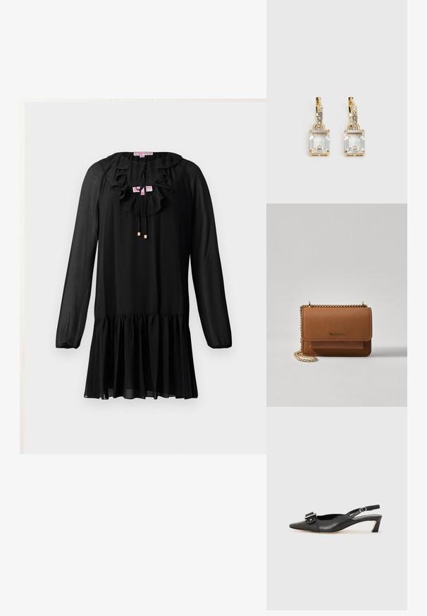 Mustaline kleit pikkade varrukatega, ruffle-dega kaeluses, nööridetailiga ja laieneva alläärega. Valmistatud kerge kangast, millel on pehme tekstuur.; Must must nahk slingback kingad terava varbaga, väikese kontsaga ja dekoratiivse pandlaga ülaosas. Sile tekstuur, minimalistlik disain.; Pruun tekstureeritud nahk ristkeha kott kuldse ahelaga rihmaga ja klapiga sulgemine. Esiküljel on logo detail ja tasku klapi all.; Kuldtooni kõrvarõngad, millel on ristkülikukujuline, selge kristall, mis ripub allapoole väikeste ümmarguste selgete aktsentide rida. Viimistletud, kaasaegne disain.