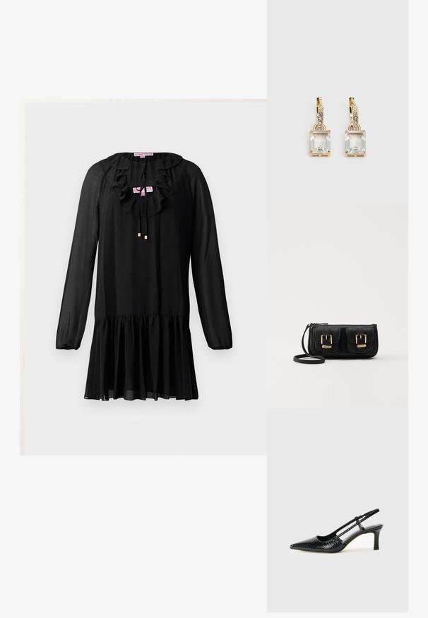 Melna kleita ar garām piedurknēm, ar viļņotu kakla izgriezumu, saišu detalizāciju un aploces malu. Izgatavota no viegla auduma ar mīkstu tekstūru.; Melna patent āda ar slīdošo papēdi un smailo purngalu, ar teksturētu čūsku drukājumu, regulējamu siksniņu un īsu teksturētu blokpapēdi.; Melnas ādas crossbody soma ar divām priekšējām kabatām, zelta sprādzēm, ar rāvējslēdzēju aizdari un šauru siksnu. Strukturēta virsma un kompakta taisnstūra forma.; Zeltītas auskaru rotas, kuru centrā ir taisnstūra formas caurspīdīgs kristāls, kas karājas zem mazu, apaļu caurspīdīgu akcentu rindas. Elegants, mūsdienīgs dizains.
